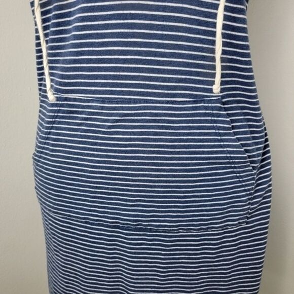 Allen Allen USA Navy Blue & White Striped Sleeveless Hooded Summer Dress Medium - Picture 3 of 9